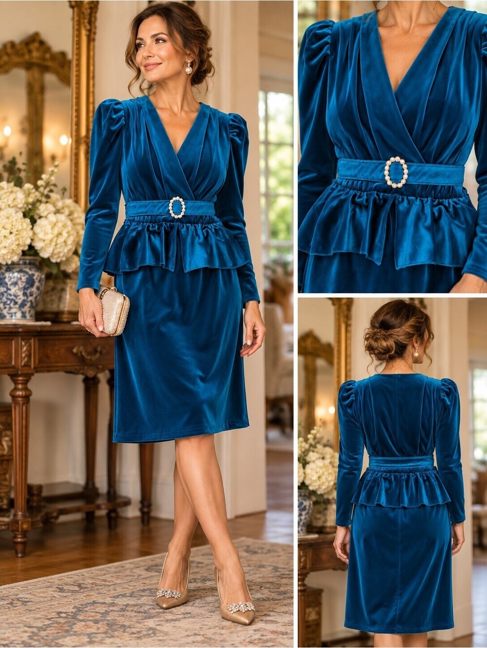 Vintage 80s S.L. Petites Teal Velvet Peplum Dress Rhinestone Buckle Size 8 Made